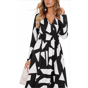 NEW Long Sleeve Dress Casual Wrap V Neck Flowy Midi Dress XL